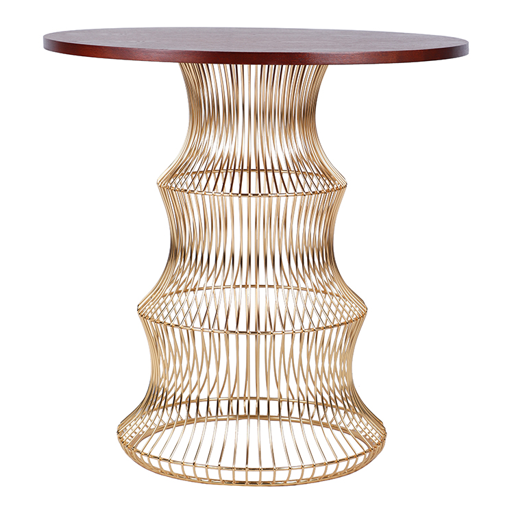Contemporary Gold Metal Wire Base Wood Top Round Dining Table