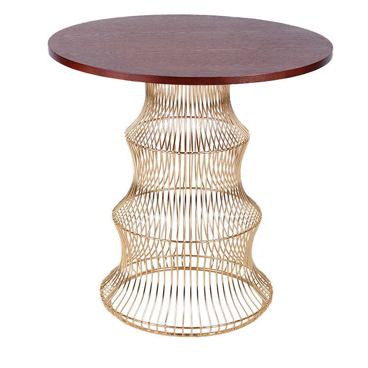 Contemporary Gold Metal Wire Base Wood Top Round Dining Table